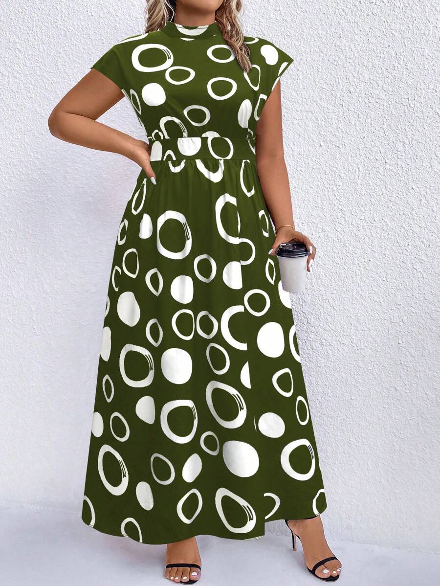 SHEIN Clasi Plus Size Graphic Print Cap Sleeve Collared Mini Dress, Summer - Army Green - View 1