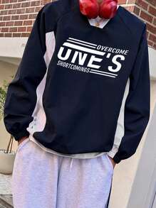 DAZY Men's Autumn Letter Splice Pullover Sweatshirt - Navy Blue - View 5