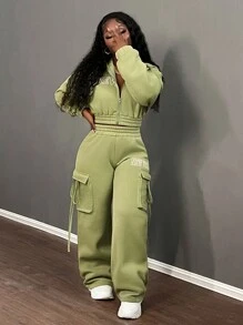 Letter Graphic Drop Shoulder Crop Sweatshirt & Flap Pocket Cargo Pants - Green - View 5