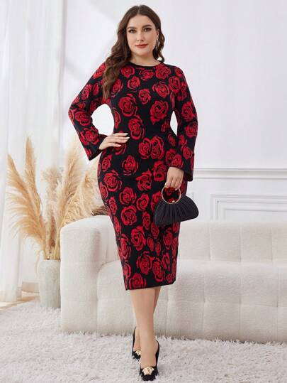 Modelyn Plus Size Elegant Full-Coverage Rose Print Long Sleeve Fitted Sweater Dress
