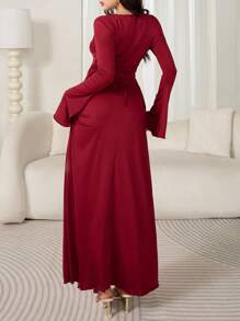 Mulvari Váy dệt kim tay loe thắt eo thanh lịch dài thường ngày cho nữ - Đỏ - Xem 4