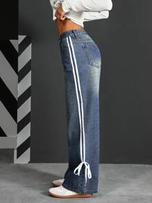 SHEIN PETITE 女士侧条纹口袋宽腿宽松休闲百搭牛仔裤 - 藍色 - 查看 5