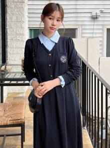 DAZY Women's Contrast Color Patchwork Long Dress In College Style Shirt Dress