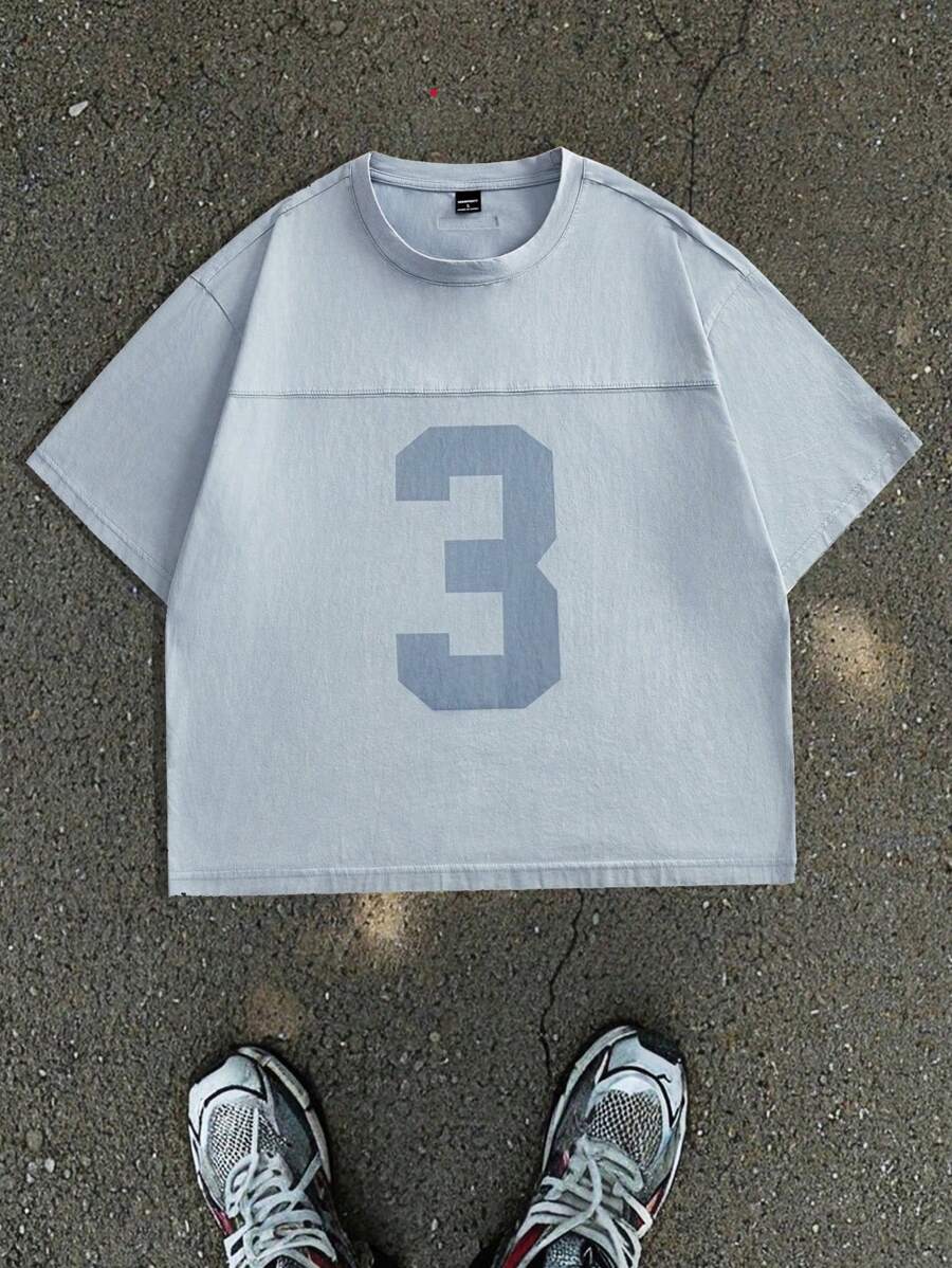 Manfinity VCAY Áo thun nam cổ tròn tay ngắn dệt kim rộng rãi, giặt axit - Màu xanh lam - Xem 1