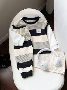 SHEIN Leap Crew 2 件套婴儿男童/女童休闲运动 2 合 1 条纹长袖运动衫和裤子套装，适合秋冬户外活动 - 彩色 - 查看 5