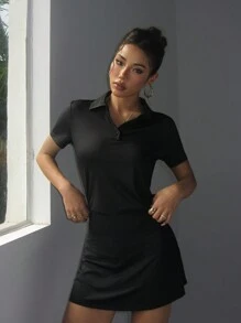 Easithlete Enfärgad kortärmad sportpikétröja för kvinnor - Svart - Visa 6