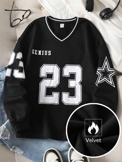 SHEIN Sudadera suelta y casual para adolescentes con cuello acanalado e impresión numérica en inglés