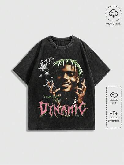 Camiseta suelta con estampado de retrato en negro, efecto lavado ácido, para hombres y mujeres, estilo urbano y hip-hop