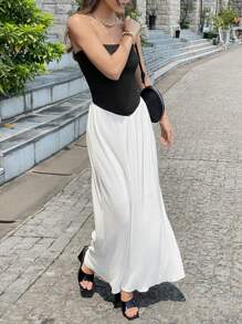 Chiquease فستان صيفي للنساء بتصميم ألوان متباينة ومطوي - أبيض وأسود - مشاهدة 3