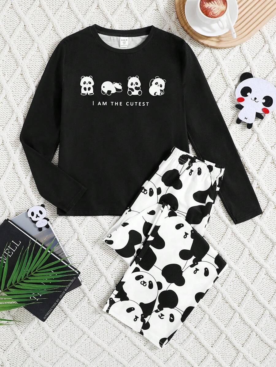 SHEIN Leap Crew 2 件装 Tween 女童可爱熊猫印花长袖 T 恤和直腿睡裤睡衣套装 - 黑與白 - 查看 1