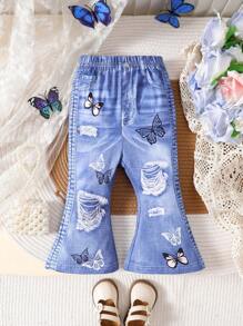 Baby Girl Digital Print Elastic Waist Long Pants, Spring/Autumn - Blue - View 1