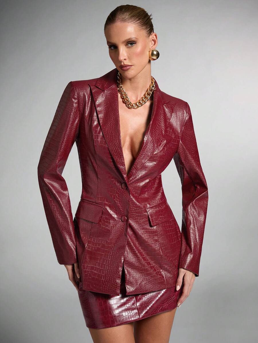 SHEIN BAE 女士时尚收腰西装外套，秋季女装万圣节风俗女猫女装勃艮第西装外套红色皮夹克演唱会服装圣诞女装冬季女装勃艮第动物印花 PU 复古服装