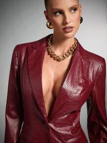 SHEIN BAE 女士时尚收腰西装外套，秋季女装万圣节风俗女猫女装勃艮第西装外套红色皮夹克演唱会服装圣诞女装冬季女装勃艮第动物印花 PU 复古服装