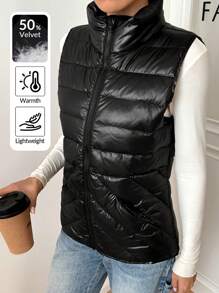 SHEIN EZwear Women's Solid Color Stand Collar Zip-Up Casual Down&Feathers Vest Jacket, Winter