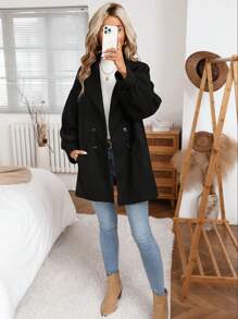 SHEIN LUNE Manteau à manches ballons à col croisé double noir pour femmes, automne/hiver - Noir - Voir 6