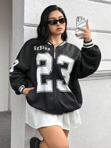 SHEIN EZwear 23 Number Print Loose Fit Plus Size Jacket Winter Fall Autumn