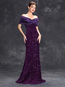 Vestido formal con volantes y lentejuelas off-shoulder, vestido elegante de estilo sirena para baile de graduación, boda, invitado, ceremonia de graduación, fiesta de cóctel - Morado - Ver 3