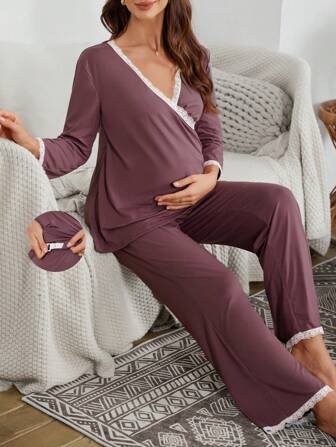 Moonlight & Mama 2 st. kontrastfärgad spetspyjamas med v-ringning och 3/4-ärm, höst- och vinterkläder, gravid