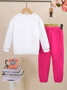 SHEIN 2 件套年轻女孩紫红色摩托车图案印花时尚工装裤套装，适合户外运动 - 白色 - 查看 2