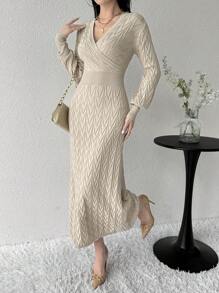 Modelyn Women's Solid Color V-Neck Wrap Around Long Sleeve Sweater Dress