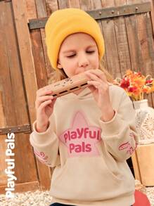 SHEIN 1pc Young Girl Cute/Retro/Casual/Back To School Star/Rhyme Graphic Long Sleeve Sweatshirt, Suitable For School And Outdoor, Spring/Autumn/Winter - Apricot - View 3