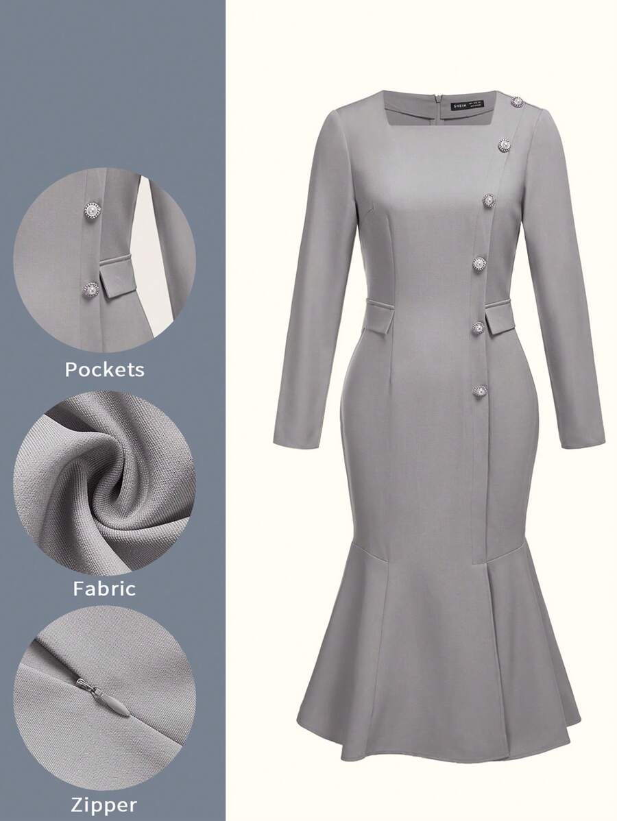 TaskEZ Women Square Neck Long Sleeve Button Design Fish Tail Hem Elegant Work Dress - Khaki - View 1