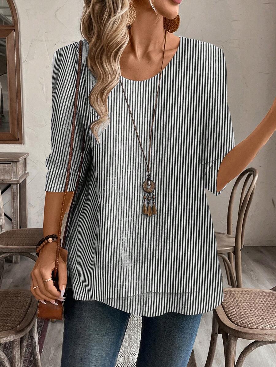 EMERY ROSE Casual Striped Round Neck Loose Shirt, Autumn - Black and White - View 1