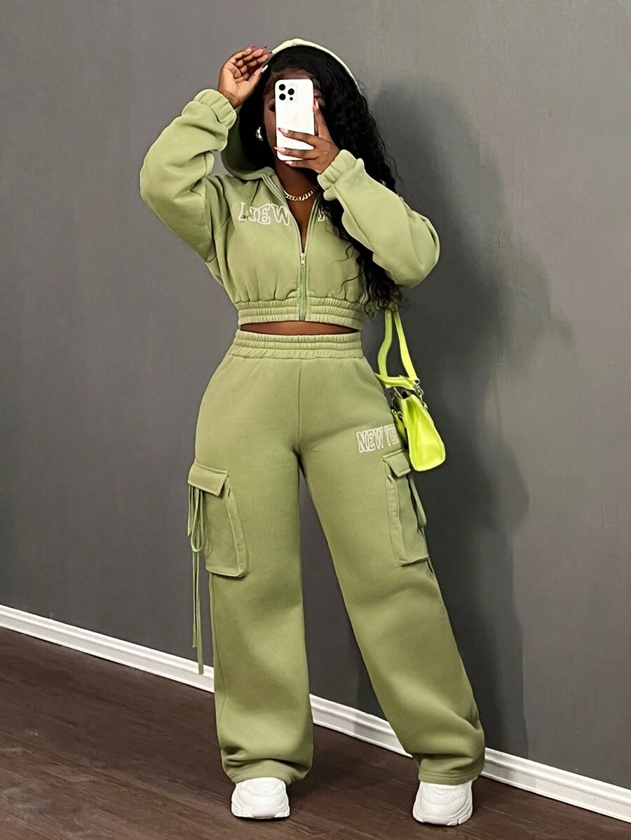 Letter Graphic Drop Shoulder Crop Sweatshirt & Flap Pocket Cargo Pants - Green - View 1