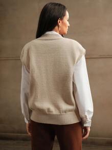 Anewsta Chaleco holgado de punto con cuello en V, con flores de rosas y perlas bordadas, para otoño e invierno