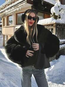 TRAFZA 女士仿皮草优雅外套，休闲奢华纯色大衣，保暖宽松女士时尚街头风长袖外套，黑色，冬季款 - 黑色 - 查看 5