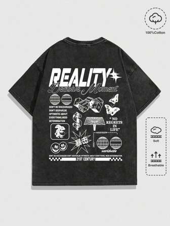Street Life Camiseta de manga corta con estampado de lema para hombres, adecuada para uso diario en primavera y verano, escuela