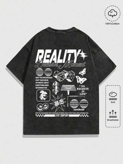 Street Life Men's Slogan Print Short Sleeve T-Shirt, Suitable For Daily Wear In Spring And Summer, School