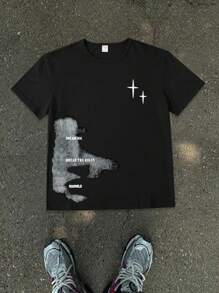 SHEIN 青少年男孩休闲街头风格酷炫图案印花黑色短袖 T 恤，夏季 - 黑色 - 查看 6