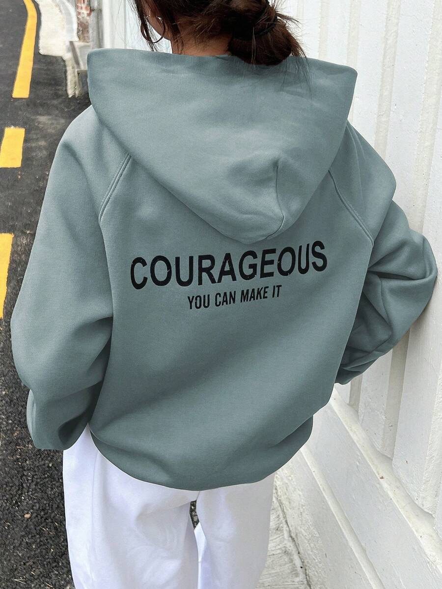 DAZY 女士休闲字母印花连帽抓绒卫衣，秋冬季 - 藍色 - 查看 1