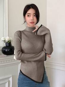 DAZY Women's Casual Color Block Asymmetric Hem Sweater, Autumn