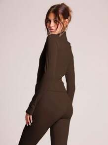 Musera Sport Full Zip Long Sleeve High Neck Slinky Fitted Top Jacket, Padel, Tennis, Pickleball Gym Fitness Fall Winter Pilates Daily Casual - Chocolate Brown - View 5