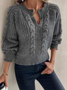 Chiquease 女士休闲缺口领插肩袖粗针织毛衣