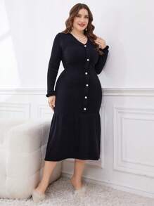 Modelyn Plus Size Women V-Neck Flowy Hem Sweater Dress