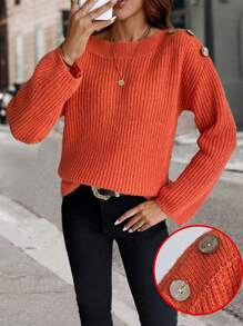 Chiquease Casual Orange Shoulder Button Decorated Sweater, Autumn/Winter Knit Pullover Fall Outfit