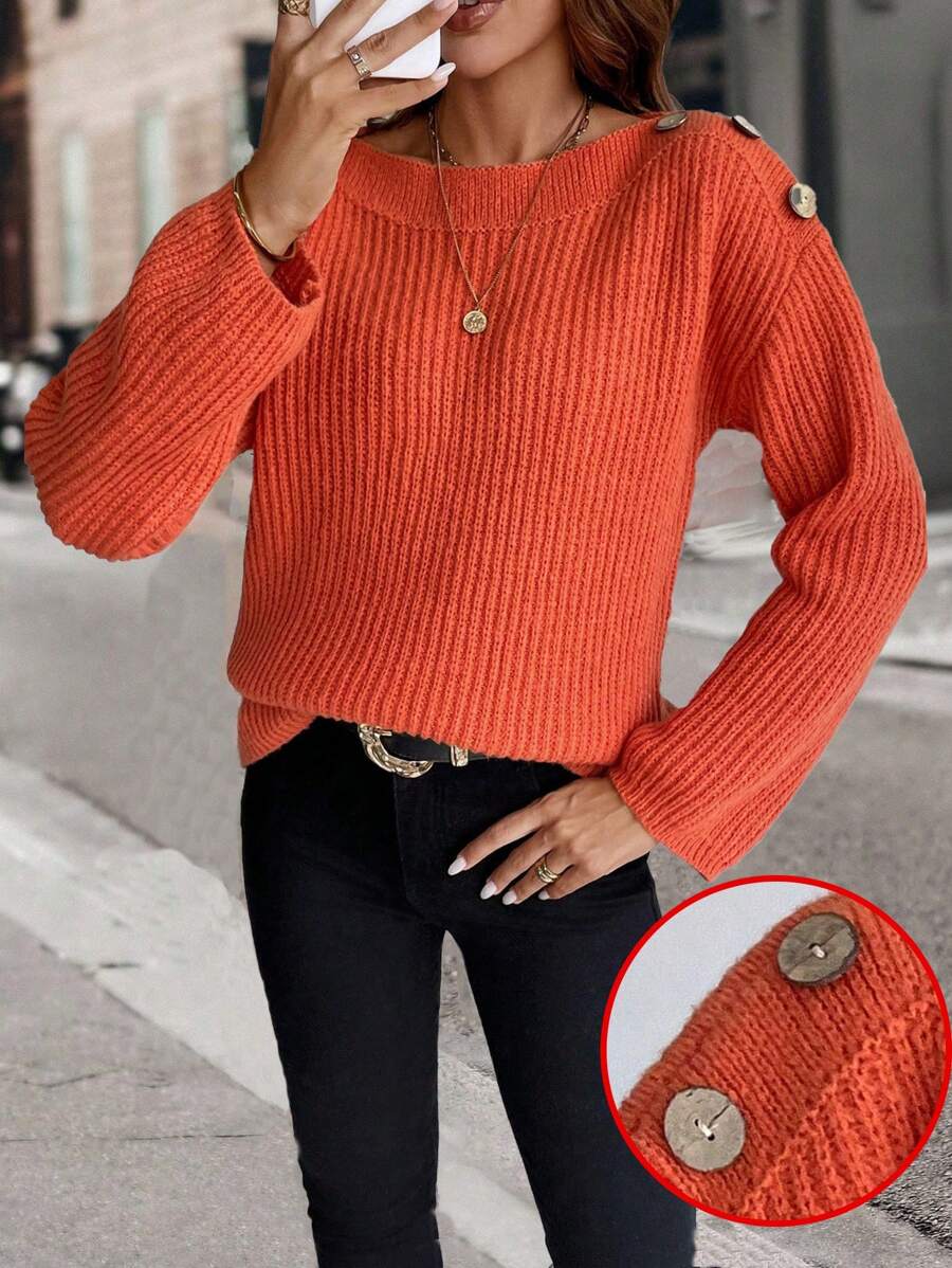 Chiquease Casual Orange Shoulder Button Decorated Sweater, Autumn/Winter Knit Pullover Fall Outfit