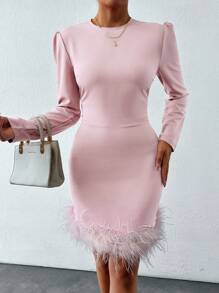 EURMUSE Women's Fashionable Bodycon Party Dress With Solid Color And Furry Edges - Baby Pink - View 4