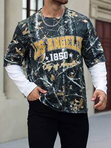 Manfinity LEGND Camiseta casual de manga larga con cuello redondo, estampado de letras y ramas, para hombre de talla grande - Multicolor - Ver 1