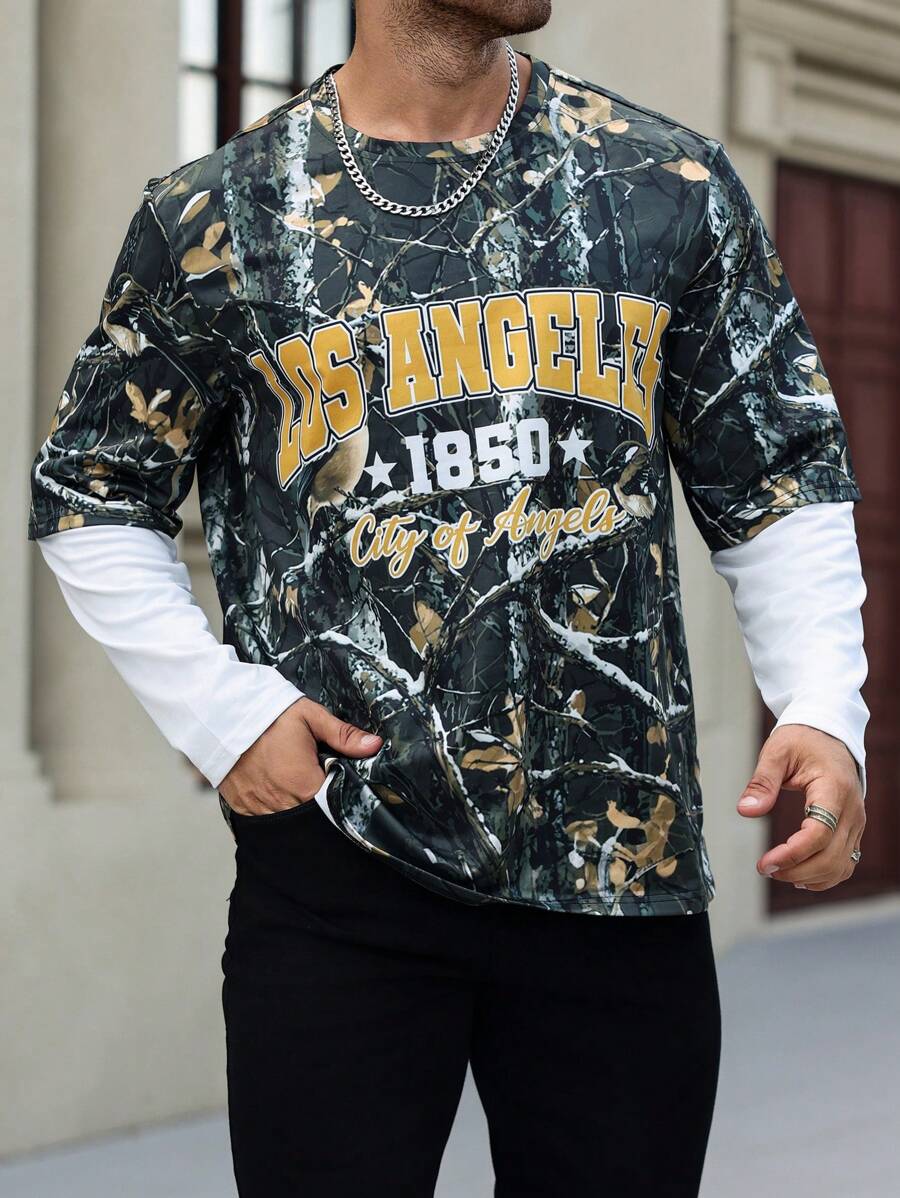 Manfinity LEGND Camiseta casual de manga larga con cuello redondo, estampado de letras y ramas, para hombre de talla grande - Multicolor - Ver 1