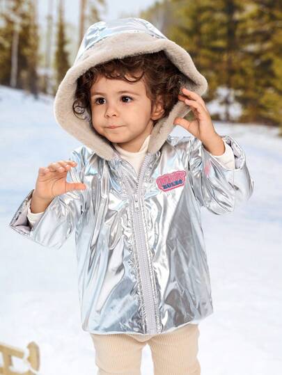 Baby Girls' Letter Print Zip-Up Hooded Padded Coat With Silver Contrast Fluffy Trim