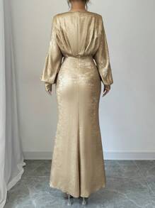 Elenzga 女士褶皱拼布纽扣装饰金箔鱼尾下摆连衣裙 - 金色 - 查看 2