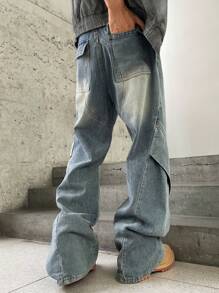 Manfinity EMRG 男士浅蓝色水洗复古做旧喇叭牛仔裤，男士阔腿牛仔裤，男士 Y2k 牛仔裤，男士喇叭牛仔裤，Y2k 男士阔腿牛仔裤