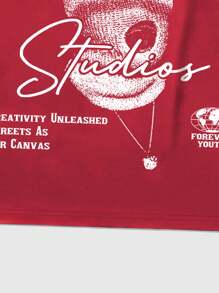 ROMWE MEN Street Life Men's Summer Slogan Face Mask And Character Print Round Neck Short Sleeve Casual T-Shirt, School - Red - View 7