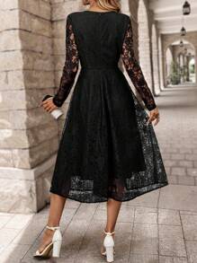 EMERY ROSE 女士优雅收腰 A 字形蕾丝连衣裙，秋季 - 黑色 - 查看 2