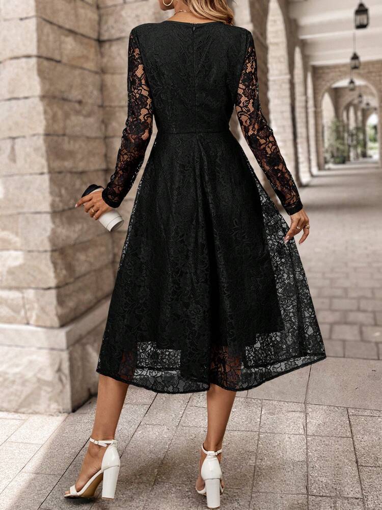 Women Elegant Waisted A-Line Lace Dress, Autumn