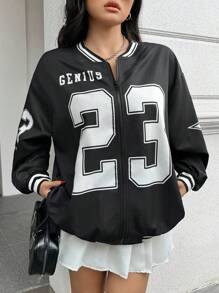 SHEIN EZwear 23 Number Print Loose Fit Plus Size Jacket Winter Fall Autumn